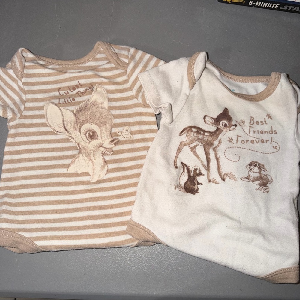 Disney Baby Bambi Friends 0-3 Month Lot of 2 Infant Bodysuits